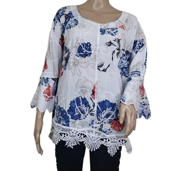 Chico's Tops - Chicos Floral Lace Trim Swirl Bell Sleeve Blouse